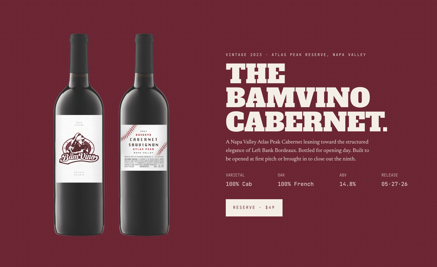 The BamVino Cabernet section of the homepage: two bottles on a burgundy field beside a Reserve button