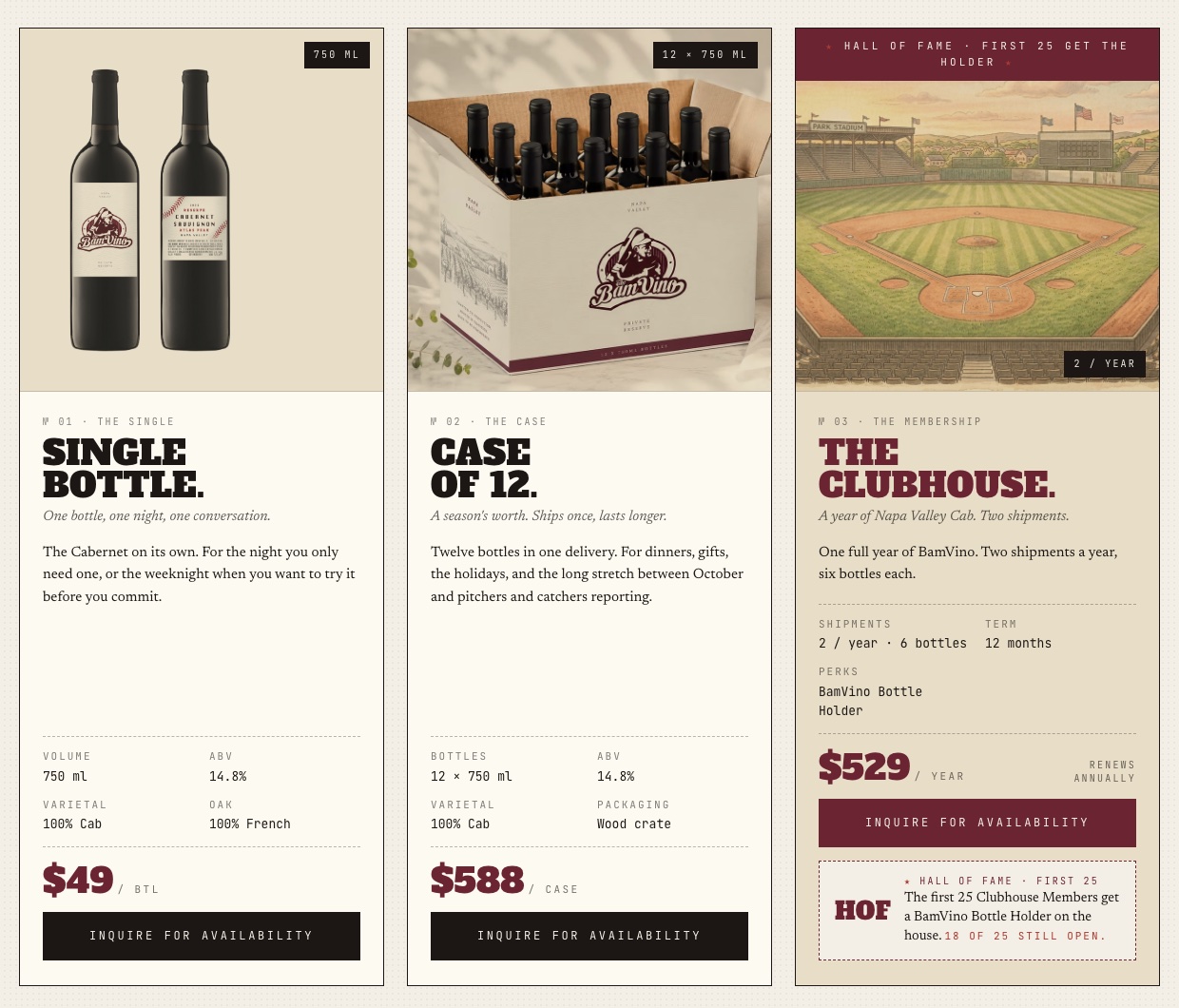 The Shop page on thebamvino.com: product cards for the single bottle, the case of 12, and The Clubhouse membership