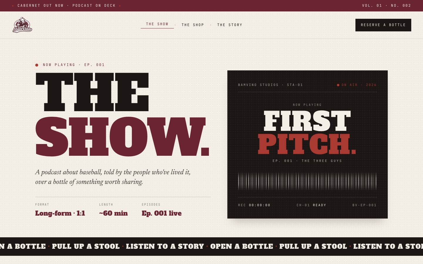 The Show page on thebamvino.com: the headline The Show beside a dark broadcast-booth player for Episode 1