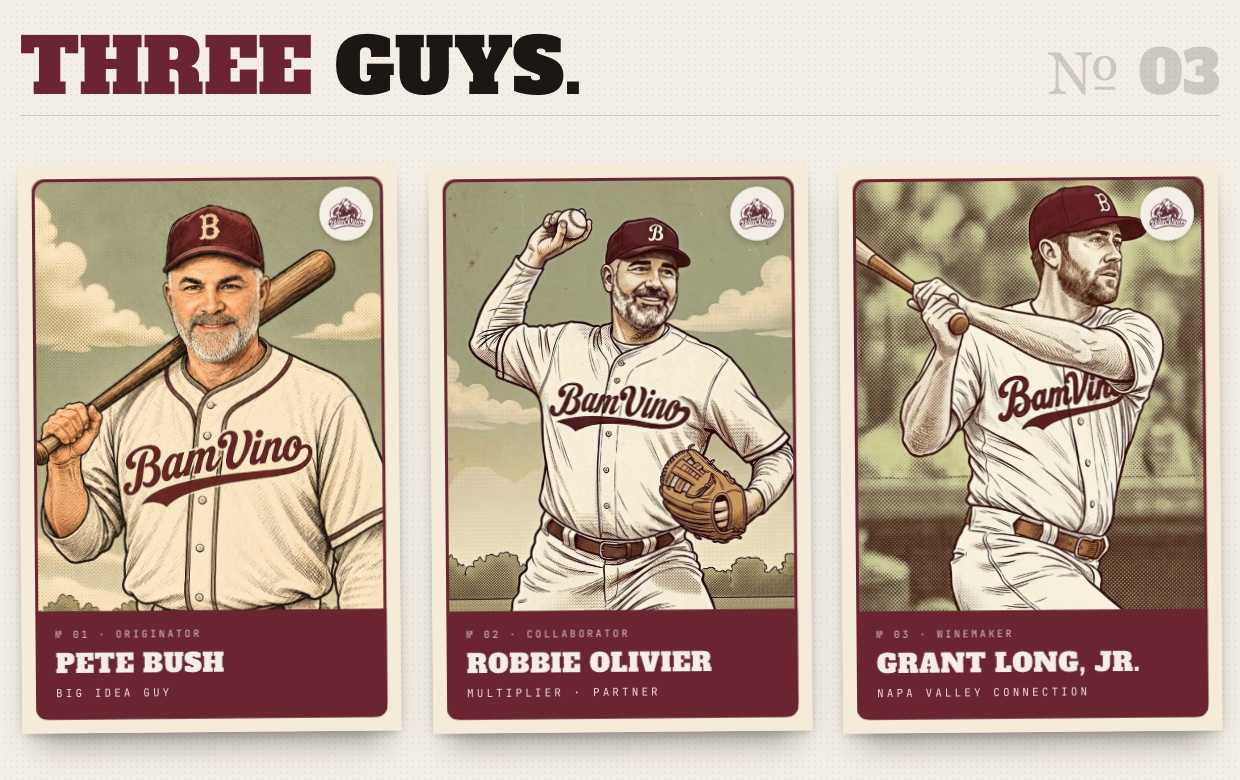 The Story page on thebamvino.com: three vintage baseball cards for the three partners under the heading Three Guys